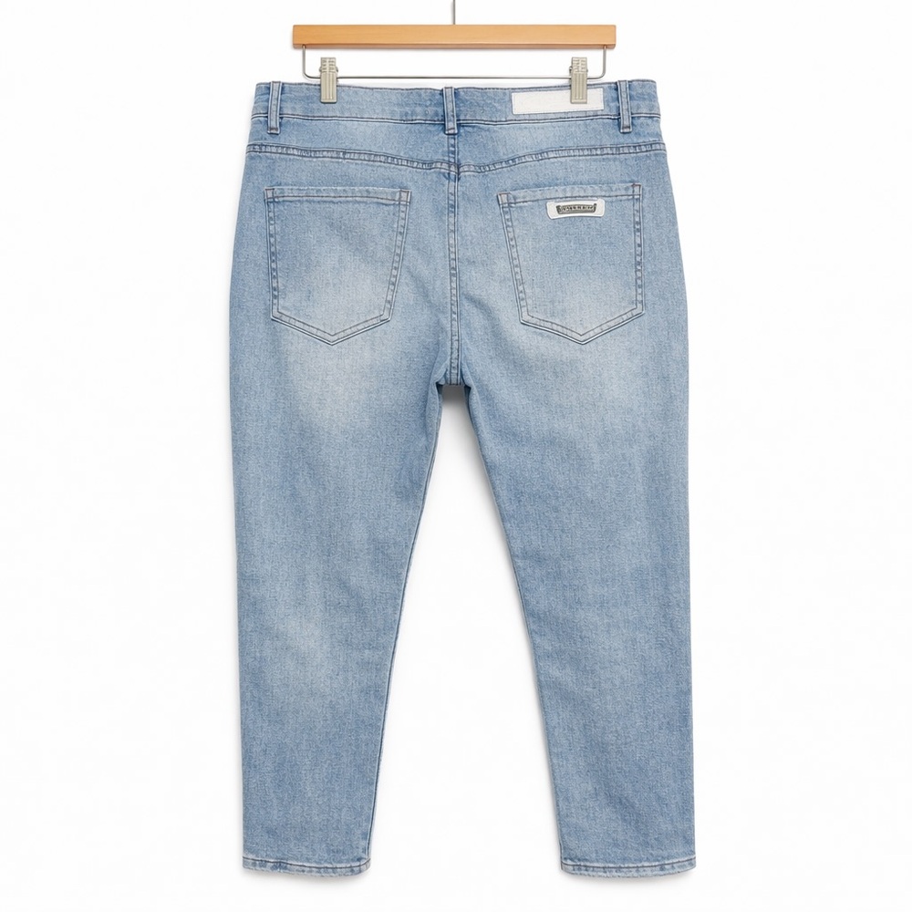 CDH Homme Gothic Cross Embroidery Distressed Blue Denim Jeans Y2K Streetwear s34 - Picture 3 of 8